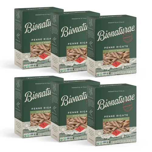 Bionaturae Penne Rigate - Fideos de pasta de trigo integral, certificado Kosher, alto contenido de proteínas, verificado sin OMG, certificado USDA,