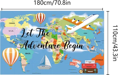 Miniatura 3 de Let The Adventure Begin - Pancarta de fondo con 70.8 x 43.3 pulgadas, Adventure Awaits Bon Voyage, mapa del mundo, fondo de fotografía de viaje