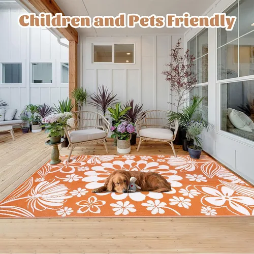 Miniatura 2 de Ileading Alfombra de Paja de Plástico para Exteriores 5x8 pies Estilo Floral Divertido Alfombras de Área Reversibles para Patio Impermeables