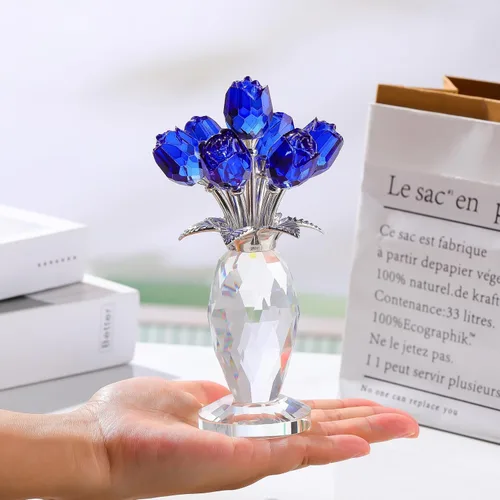 Miniatura 7 de YWHL Figura de ramo de rosas azules de cristal con jarrón, hecha a mano para mujeres en el día de la madre, flores de cristal con tallo decoración
