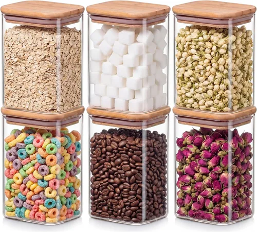 Miniatura 10 de Paquete de 6 tarros de almacenamiento de vidrio rectangulares pequeños de 0.7 cuartos con tapas de bambú, recipientes de almacenamiento de despensa
