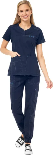 WonderWink WonderFLEX - Camiseta curvada con cuello muesca para mujer 6208 y pantalón deportivo con cremallera tipo cargo 5908 (XS - 3XL)