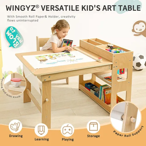 Miniatura 2 de WINGYZ Mesa y sillas de arte para niños, mesa de actividades para niños pequeños y 2 sillas con armario de almacenamiento, mesa de manualidades 5