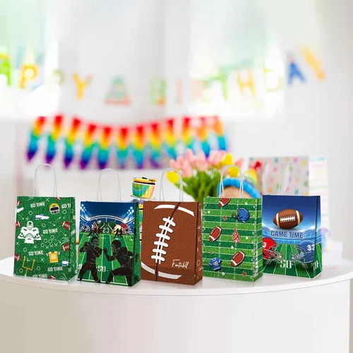 Miniatura 6 de Zonon 20 bolsas de regalo de fiesta de fútbol, bolsas de regalo de papel con patrón de fútbol, golosinas con asas, para equipos deportivos de rugby