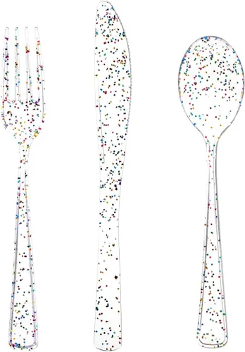 Miniatura 16 de Enjoylife - 120 cubiertos plásticos, cubiertos plásticos de arcoiris, dorado y azul (arcoiris)