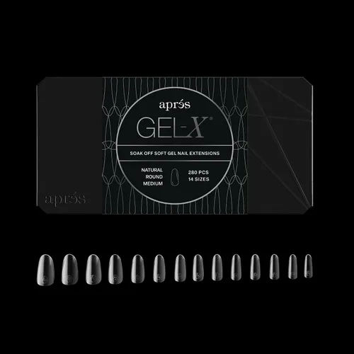 Apres Gel-X® Caja redonda de puntas de uñas | 280 puntas, puntas de gel suave, 14 tamaños 00-9 | Medio tamaño incluido (redondo natural mediano)