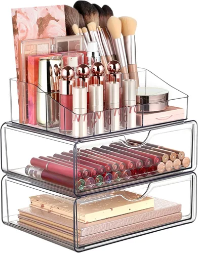 Miniatura 6 de Vtopmart - Organizador de maquillaje de plástico transparente de 1 nivel con cajón, almacenamiento de cosméticos para encimera de tocador y tocador