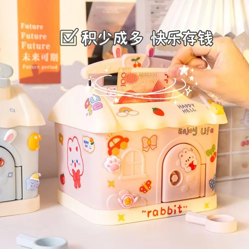 Miniatura 3 de Alcancía Kawaii con calcomanías y parches, banco de dinero Kawaii para papel y monedas, bonita caja de almacenamiento de artículos para la escuela