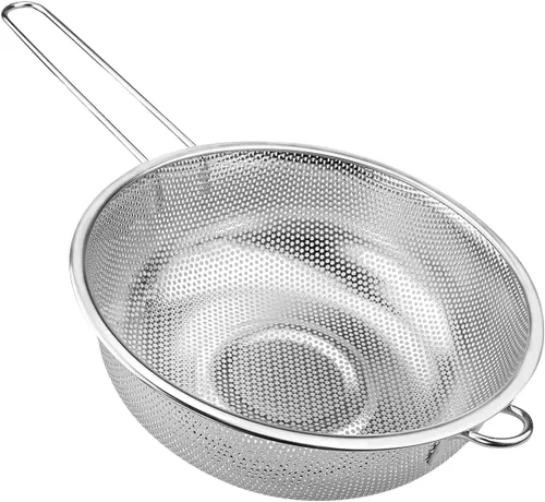 Colador de acero inoxidable de malla fina con mango largo colador de cocina multiusos para colar, enjuagar, freír, cocinar al vapor y cocinar