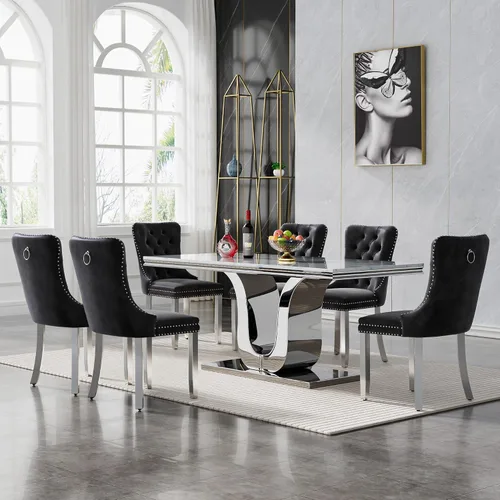 Miniatura 11 de SSLine Mesa de comedor moderna para mesa de cocina de mármol sintético de 6,70 pulgadas, mesa de comedor rectangular para muebles de cocina