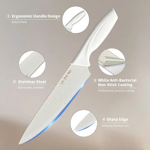 Miniatura 3 de Juego de cuchillos de 15 piezas, juego de bloques de cuchillos de cocina, juego de cuchillos de acero inoxidable blanco con afilador para picar
