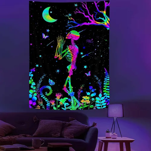 Miniatura 4 de MCKTOM Divertido tapiz de pared con luz negra, diseño de calavera y luna, diseño de esqueleto, meditación, espiritual, trippy, bohemio, flores