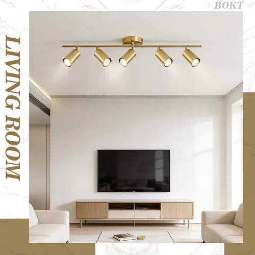 Miniatura 7 de BOKT Luminarias de pista LED de 5 luces para techo dorado moderno, foco de 5 direcciones, iluminación interior de pista lineal vintage de mediados 5