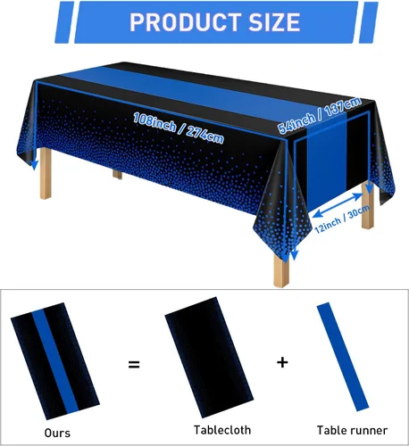 Miniatura 2 de Manteles de plástico desechables 2 en 1 de 54 x 108 pulgadas, mantel rectangular de cocina con lunares negros y azules, para boda, cumpleaños, baby