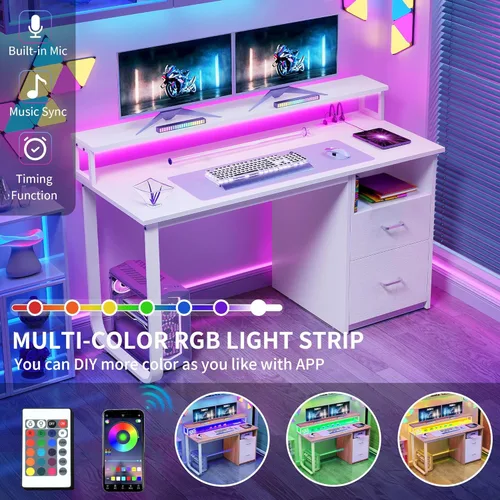 Miniatura 3 de YITAHOME Escritorio para computadora con cajones, escritorio de oficina de 47.2 pulgadas con tomas de corriente y luz LED, escritorio de oficina