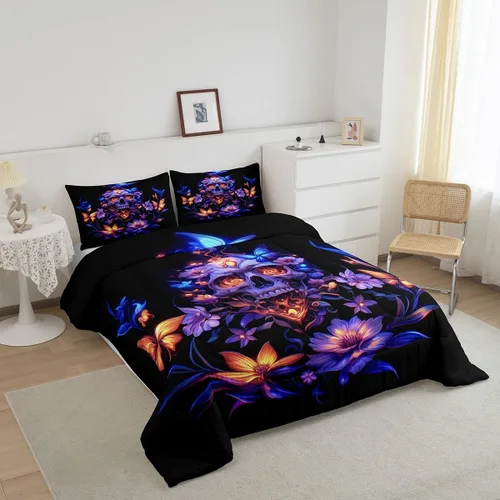 Miniatura 3 de Erosebridal Juego de ropa de cama de calavera gótica, flores mandala, mariposa hippie para niñas y niños, edredón de esqueleto de la muerte de Negro