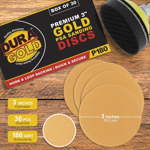 Miniatura 2 de Dura-Gold - Premium - Discos de lijado de gancho y bucle dorados de grano 180 de 3 pulgadas para lijadoras DA - Caja de 30 discos de acabado