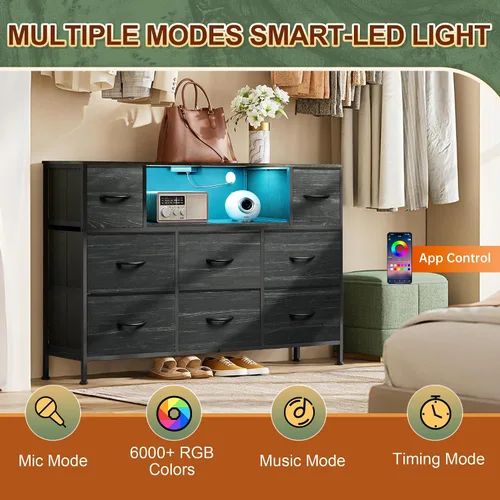Miniatura 4 de Soporte de TV negro para TV de 45, 50, 55 pulgadas, mesa consola multimedia de TV con luces LED y estación de carga, centro de entretenimiento con 8
