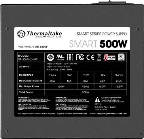 Miniatura 4 de Thermaltake Smart 500W 80+ White Certificado PSU, Alimentación continua con ventilador de refrigeración ultrasilencioso de 120 mm, fuente