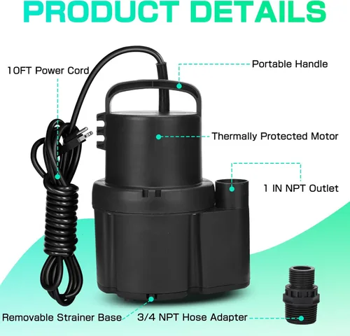 Miniatura 7 de D-HONOR - Bomba sumergible de 1/6 HP 1370 GPH, bomba de sumidero sumergible para agua limpia, bomba eléctrica con salida de agua de 1 pulgada
