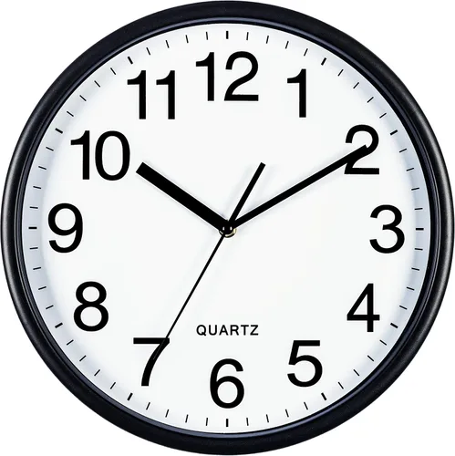 Bernhard Products Reloj de pared negro, grande de 13 pulgadas, silencioso, de cuarzo, funciona con pilas, redondo, fácil de leer, para