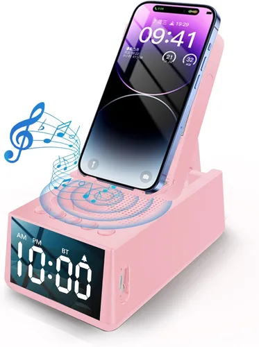 Regalos de cumpleaños para mujeres, soporte de teléfono con altavoz Bluetooth con sonido y reloj HD, soporte inalámbrico ajustable para teléfono Rosa