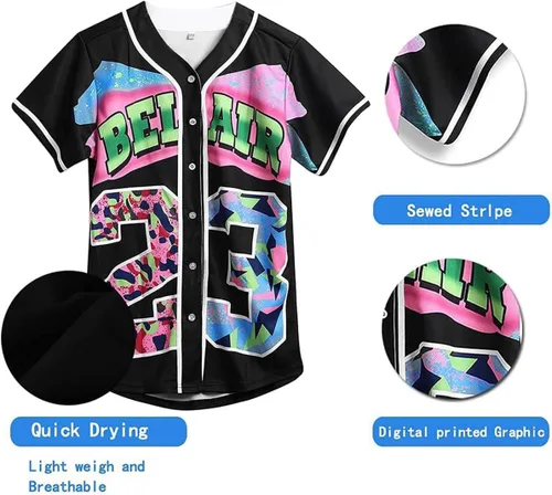 Miniatura 45 de Ropa de los años 90 para mujer, traje unisex de hip hop para fiesta, camiseta de béisbol Bel Air, camisa de manga corta con botones