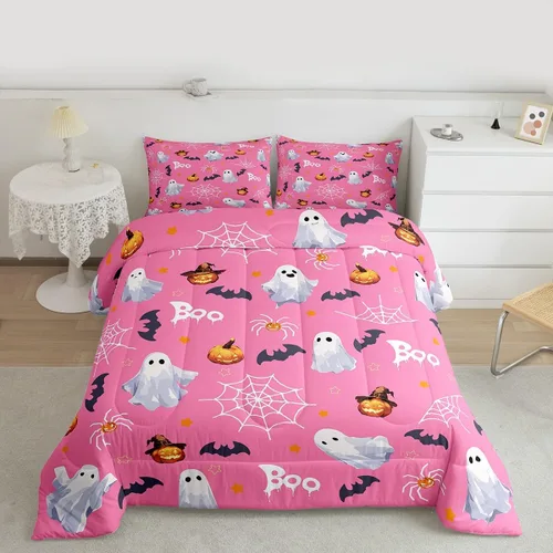 Miniatura 30 de Juego de edredón rosa con temática de Halloween, tamaño individual, edredón de farol de calabaza para adolescentes, juego de ropa de cama de Multi