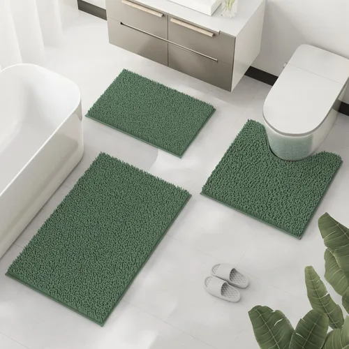 Miniatura 2 de Juego de 3 tapetes de baño de felpilla, antideslizantes, ultra suaves, absorbentes con forma de U para inodoro, baño, bañera, ducha, color verde