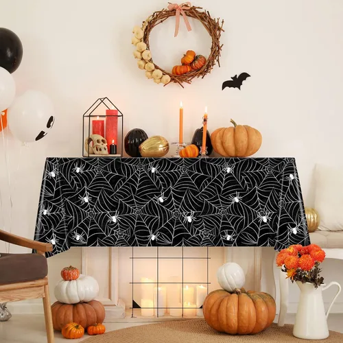 Miniatura 4 de TREWAVE Paquete de 3 manteles rectangulares de tela de araña de Halloween, manteles de plástico de gran tamaño para decoración del hogar