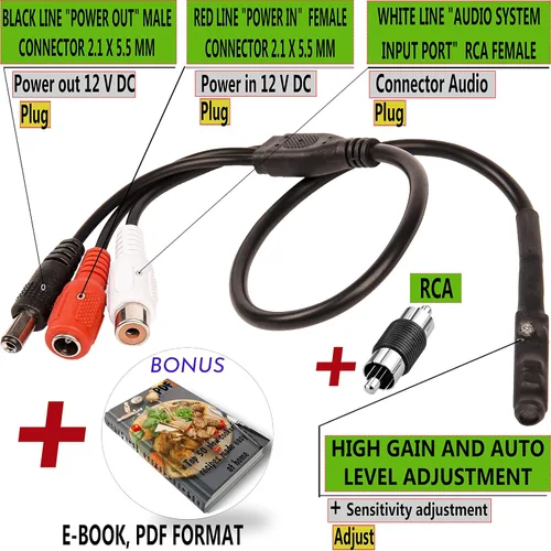 Miniatura 2 de Micrófono CCTV con preamplificador RCA Audio Out 12V DC — Ganancia ajustable — para cámaras DVR/NVR e IP (1 paquete)