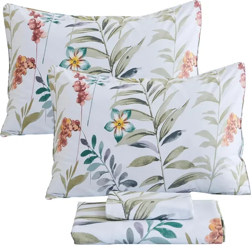 Miniatura 107 de FADFAY Juego de sábanas tamaño King, 100% algodón, elegante ropa de cama de granja con hojas verdes menta y flores blancas, sábana suave