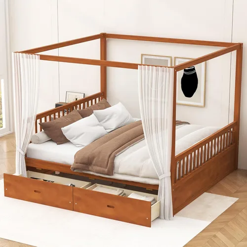 Miniatura 10 de Cama con dosel de metal, con plataforma de 4 postes de Coner con cabecera entrecruzada y estribo, tamaño Queen