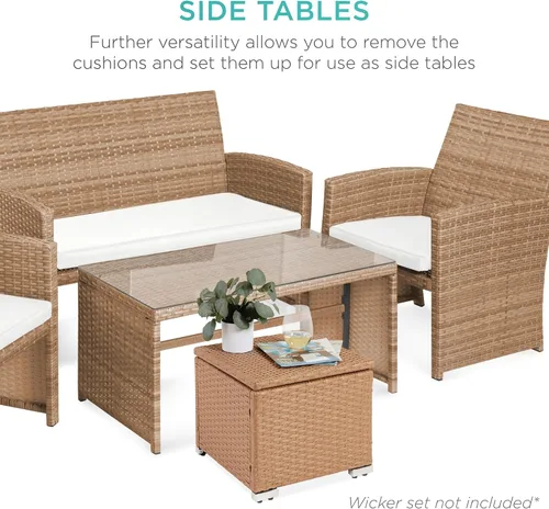 Miniatura 8 de Best Choice Products Juego de 2 otomanas de mimbre, muebles de exterior multiusos para patio, patio trasero, asientos adicionales, reposapiés, mesa