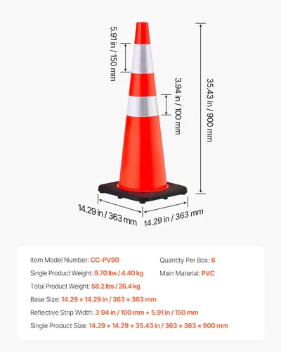 Miniatura 9 de VEVOR Conos de seguridad, paquete de 6 conos de tráfico de 36 pulgadas, conos de construcción naranja de PVC con collares reflectantes y base negra