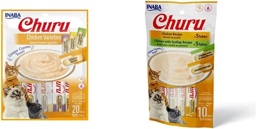 INABA Churu - Golosinas para gatos, sin granos, lamibles, exprimibles y cremosos para gatos, 0.5 onzas cada tubo, 20 tubos, variedad de pollo