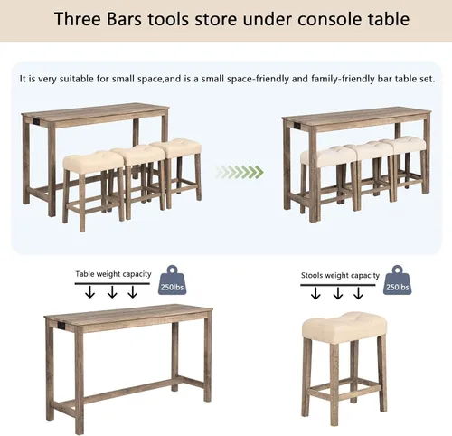 Miniatura 4 de Juego de mesa y sillas de barra de altura de mostrador de 4 piezas con toma de corriente, mesa de comedor rectangular estrecha con 3 taburetes