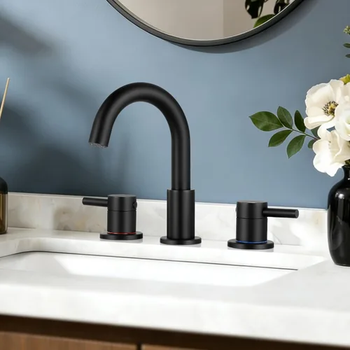 FGKQ Grifo de baño negro para lavabo de 3 orificios, grifo de lavabo de baño con desagüe emergente, grifo de tocador extendido de 8 pulgadas de 3