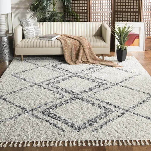 Miniatura 11 de SAFAVIEH Pro Luxe Shag Collection - Alfombra de pasillo, 2 pies 6 pulgadas x 6 pies, color crema y azul, diseño de borlas bohemias, no desprende