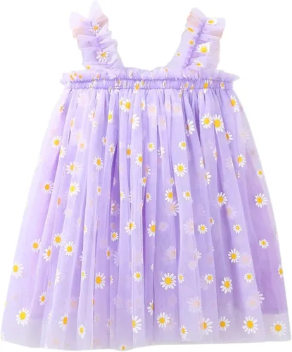 Vestidos casuales de cumpleaños para niñas, vestidos de fiesta floral, margarita, sin mangas, 1-6 años, tul para playa (morado, 5-6 años)