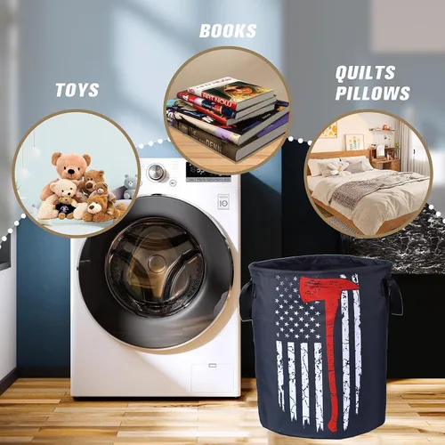 Miniatura 3 de Cesta de lavandería con bandera americana de línea roja Ax de NUTAINLA, cesta plegable de tela Oxford para bomberos, bolsa divertida de mano, cesta