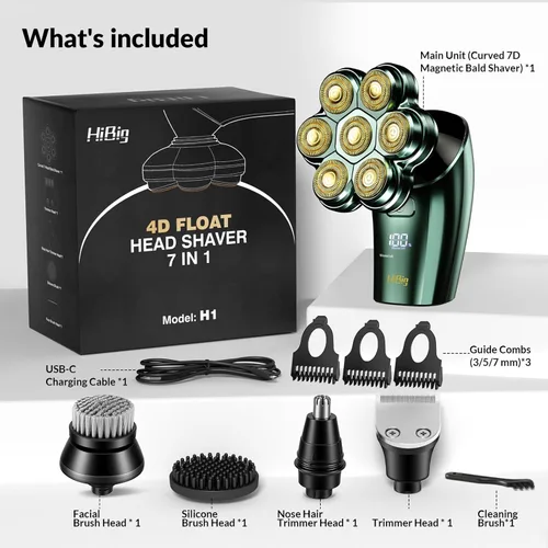 Miniatura 13 de Afeitadoras de cabeza para hombres calvos – Maquinilla de afeitar eléctrica desmontable magnética de arco 7D, impermeable, húmedo y seco, kit