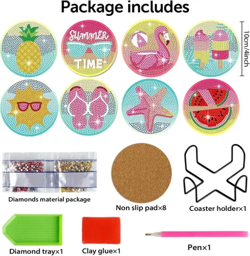 Miniatura 2 de Leatrice Juego de 8 posavasos de diamantes para playa, pequeños kits de pintura de diamantes para adultos, puntos de diamantes redondos