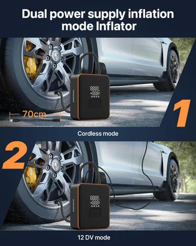 Miniatura 6 de Compresor de aire portátil para inflador de neumáticos, doble potencia inalámbrica 7800mAh 12V CC, inflado rápido 5X con medidor de presión digital