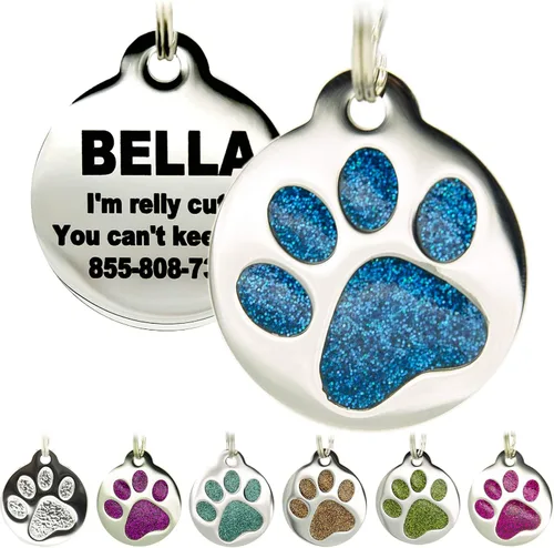 Etiqueta grabada para mascotas para perros y gatos, personalizada con 4 líneas de identificación grabada personalizada, huella de pata redonda, Azul