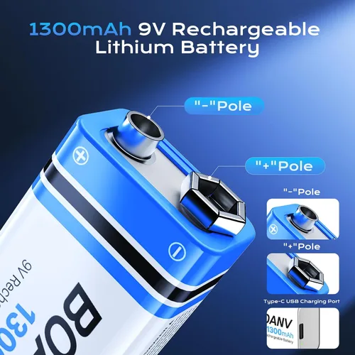 Miniatura 6 de 2 baterías recargables de 1300 mAh 9 V, batería recargable de litio USB de larga duración con cable de carga 2 en 1, para detectores de humo
