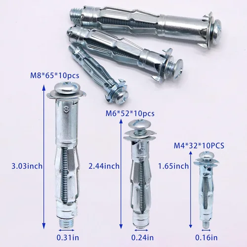 Miniatura 2 de Anclajes de Pared Huecos con Tornillos de Servicio Pesado, Pernos Molly de Acero al Carbono Galvanizado en Zinc Anclajes de Pared para Paneles