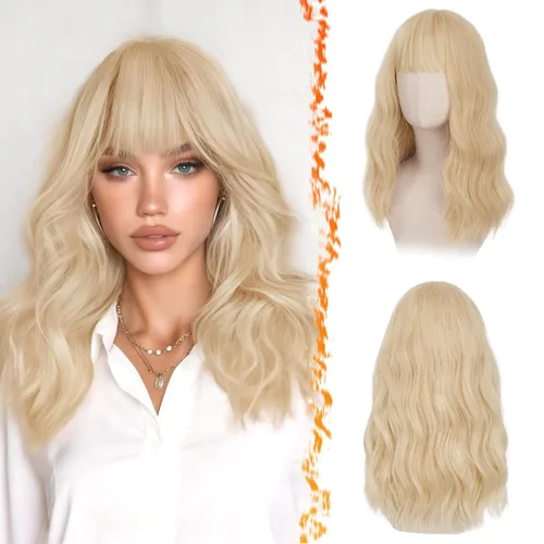 Miniatura 44 de BARSDAR Peluca rubia corta ondulada con flequillo, pelucas cortas onduladas de 14 pulgadas para mujer, pelucas sintéticas suaves hasta el hombro