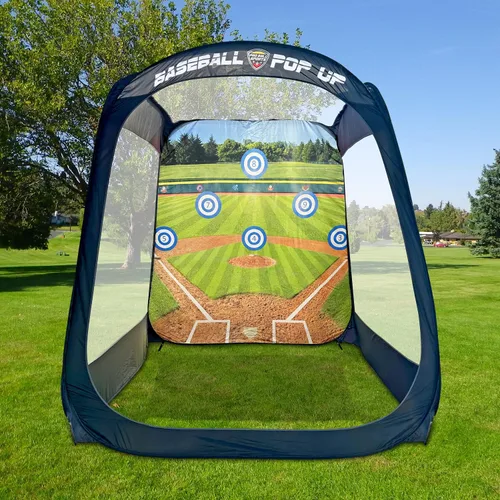Miniatura 2 de MACCABI Art - Entrenador de práctica de béisbol/softbol emergente de 8 pies con fondo de golpeo y lanzamiento integrado, camiseta de bateo