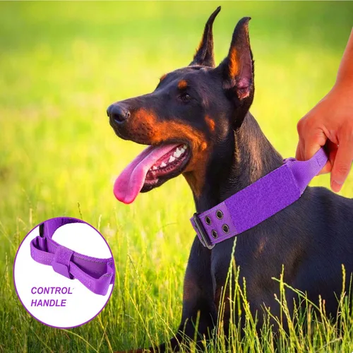Miniatura 2 de Collar reflectante para perro táctico resistente con mango de control y hebilla de metal para entrenamiento de perros (M, morado)